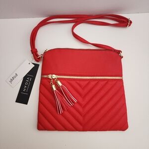 New with tag Poppi Red Vegan Leather Quilted Crossbody Clutch with Tassel